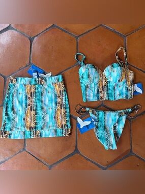 Lisa Blue Call of the Whale Bikini 3 Piece Set Chain Accent Ruched Corset XS NEW